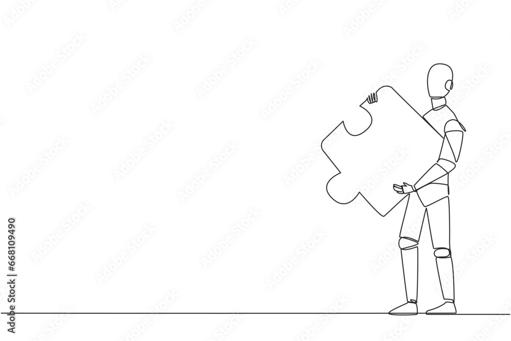 Poster single one line drawing of walking robot carries puzzle pieces. strong teamwork concept. robotic art