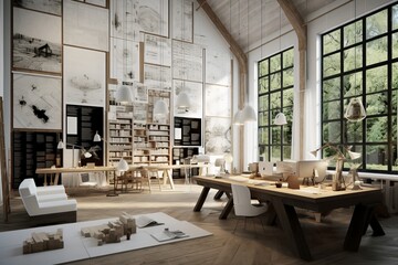 White interior for design and architecture studio with big windows and light