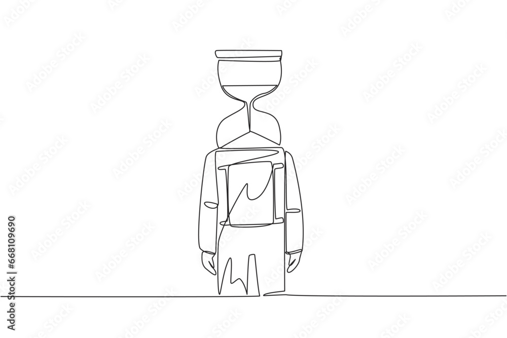 Aufkleber continuous one line drawing young astronaut with hourglass instead of head, stand facing forward. he