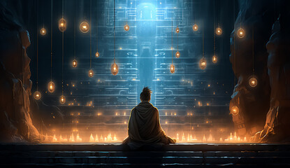 Buddha statue in a meditation position, spiritual power that opens fantasy gate 