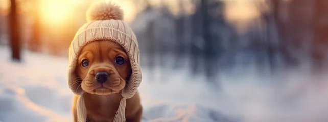 Tuinposter Puppy in wihter hat over a snowy winter landscape, christmas cute dog concept  © AdamantiumStock