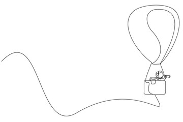 Single one line drawing young energetic astronaut using monocular, flying with hot air balloon with a passenger box has shape briefcase. Cosmic deep space. Continuous line design graphic illustration