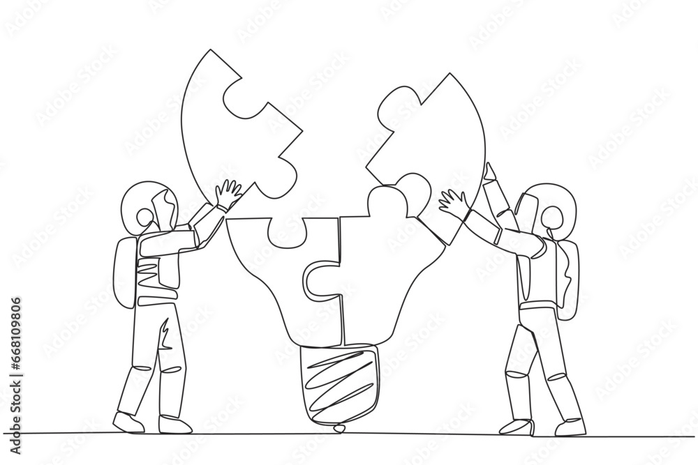 Aufkleber single one line drawing two astronauts work in teams to complete a lightbulb-top puzzle. working tog