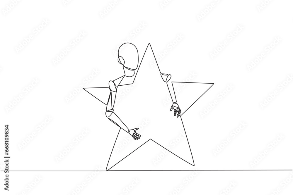 Poster single continuous line drawing robot hugging star. like the sheriff, this robot technology also has 