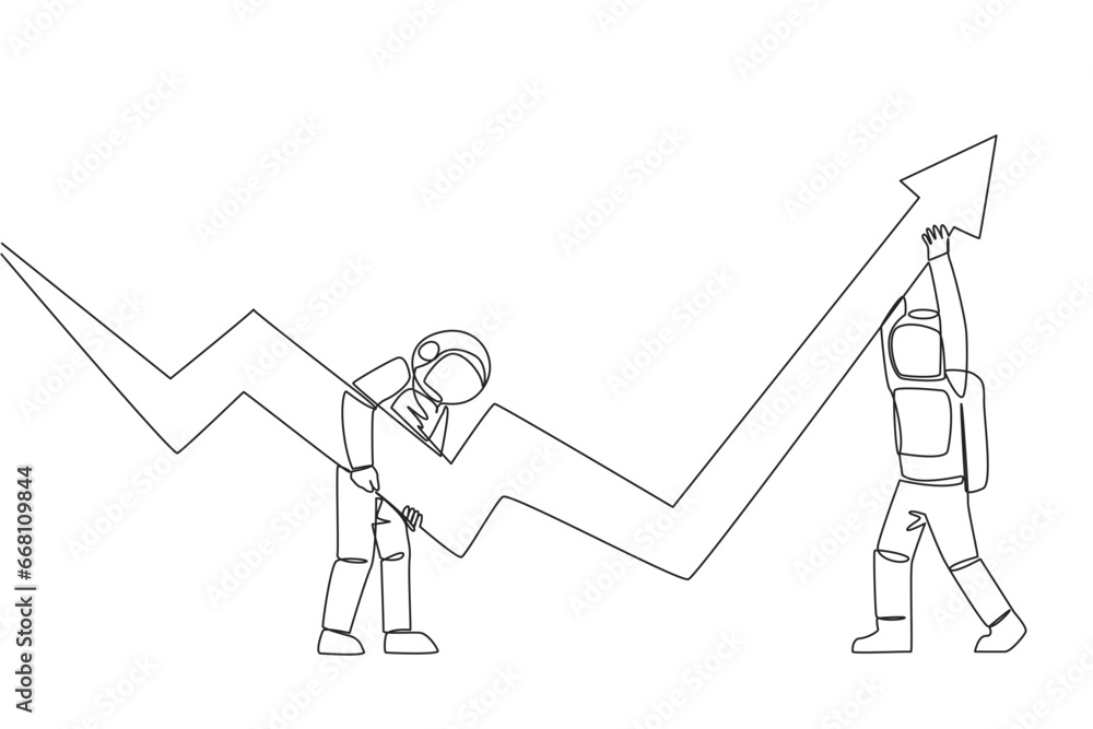 Poster single one line drawing two astronauts holding a large arrow chart. with their teamwork they hope th