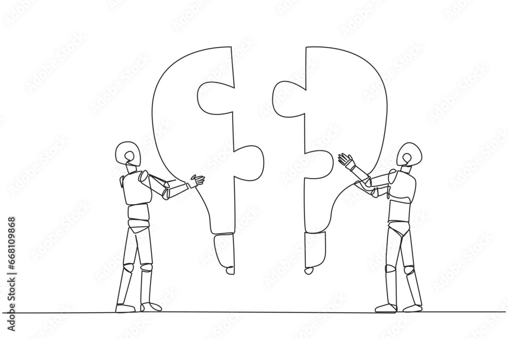 Poster single one line drawing two robots holding up two lightbulb-shaped puzzle pieces. metaphors elevate 