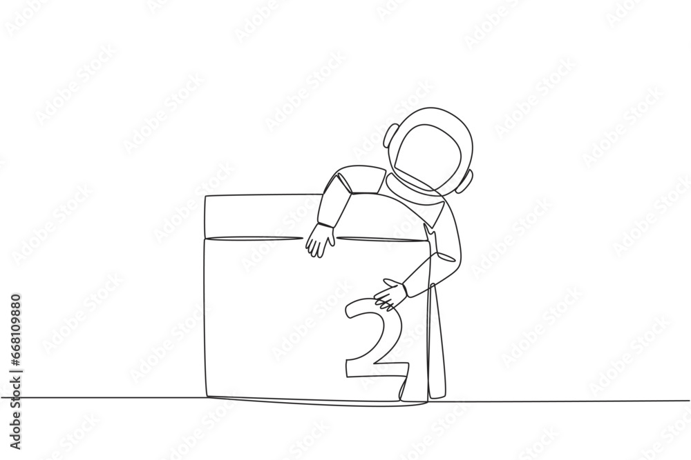 Poster single continuous line drawing astronaut hugging desk calendar and giving code to the number two. ha