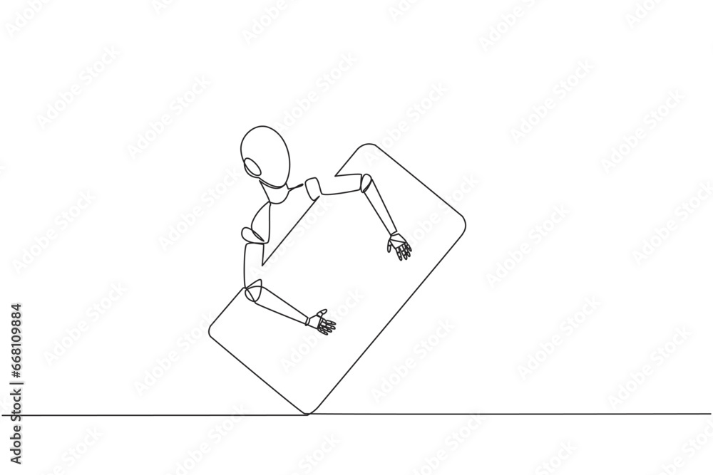 Poster continuous one line drawing robotic hugging handphone. added a robotic system so that handphone cann