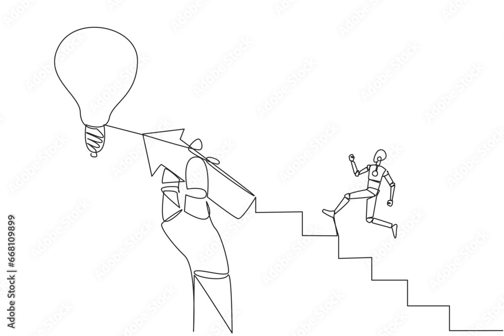 Poster single continuous line drawing robot climbs ladder, one of the steps in the shape of an arrow held i