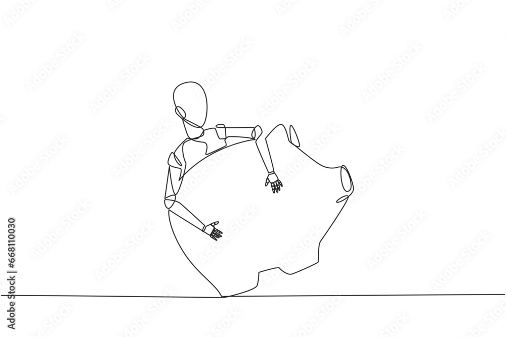 Poster single continuous line drawing robot hugging piggy bank. securing future piggy banks from breaking. 