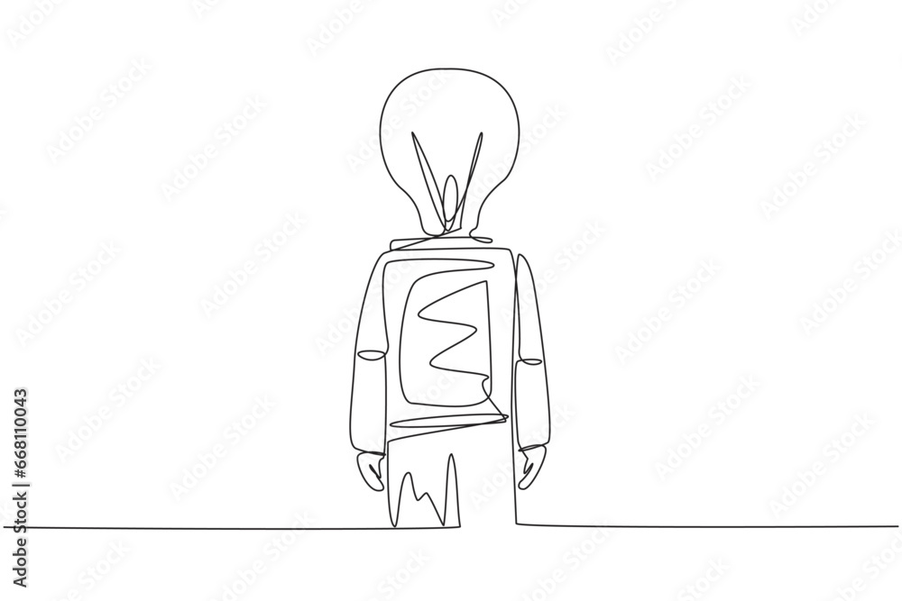 Poster single continuous line drawing astronaut with lightbulb instead of head, stand facing forward. the c