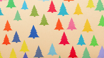 Cream colored background with paper texture, colorful and stylized Christmas trees