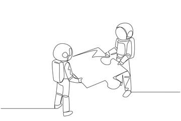 Single one line drawing two astronauts lift huge puzzle piece together. Teamwork moves the puzzle pieces to form a unified whole. Cosmic galaxy deep space. Continuous line design graphic illustration