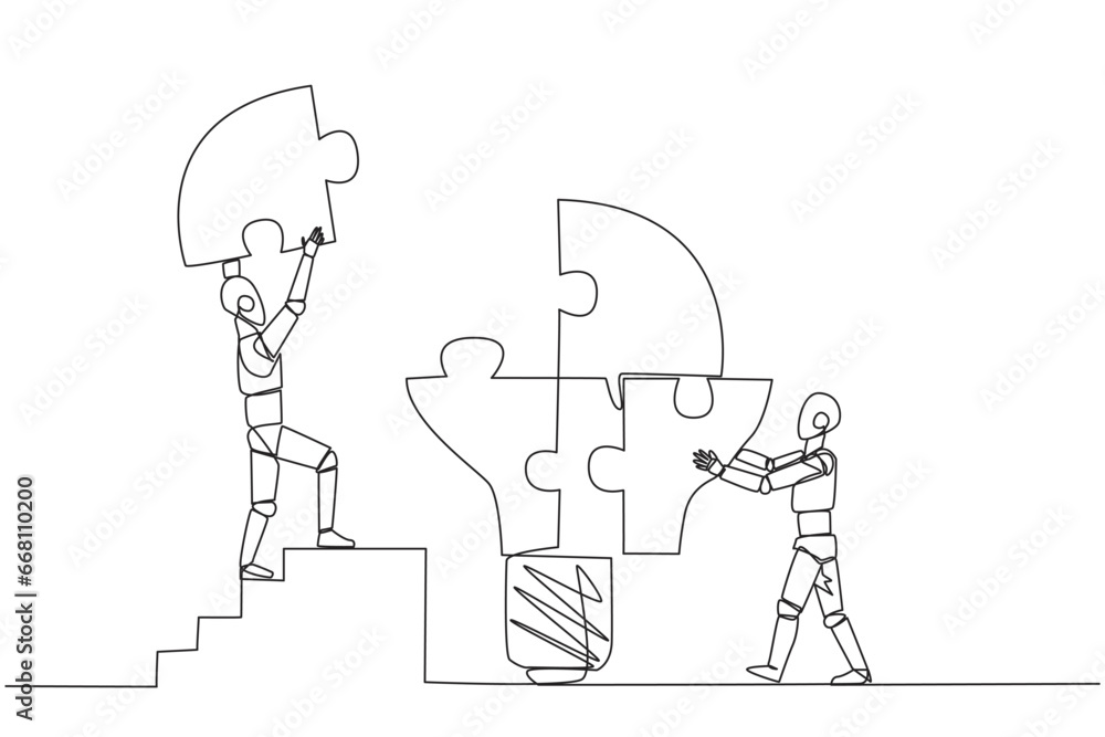 Poster continuous one line drawing two robots put together four lightbulb-shaped puzzle pieces. teamwork br