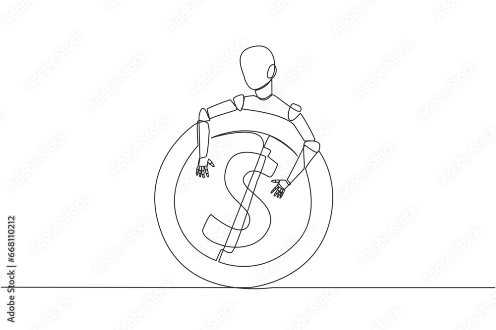Poster continuous one line drawing robot hugging coin sign dollar. insert coin into the back of the robot, 