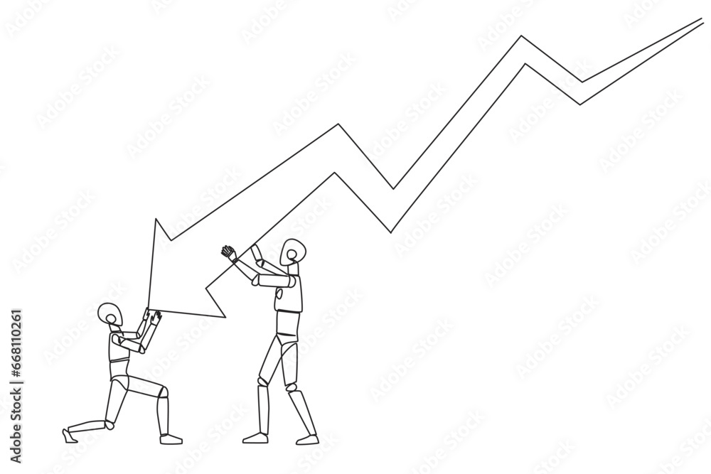 Poster continuous one line drawing two robots holding large arrow charts swooping down. one of the robots h