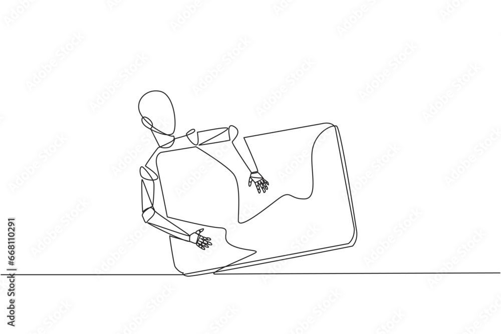 Poster single continuous line drawing robotic hugging laptop computer. rransferring data from laptop to the