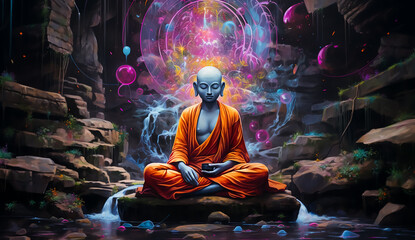 Buddha statue in a meditation position, spiritual power that opens fantasy gate 