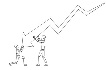 Continuous one line drawing two robots holding large arrow charts swooping down. One of the robots holding the end. Team work so the arrow can go back up. Single line draw design vector illustration