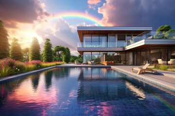 Modern luxury house with swimming pool and rainbow above - obrazy, fototapety, plakaty
