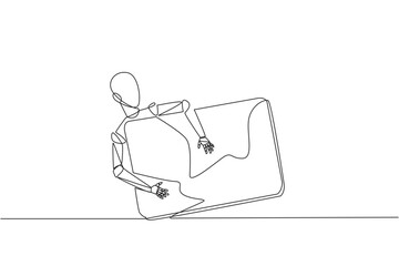Single continuous line drawing robotic hugging laptop computer. Rransferring data from laptop to the robot's artificial brain. Artificial intelligence technology. One line design vector illustration