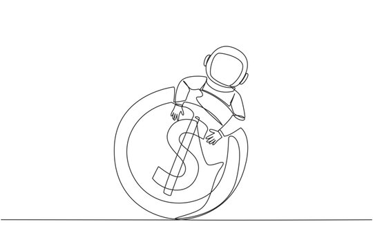 Single one line drawing astronaut hugging dollar sign coin. Not only finding water, astronaut also found coins while on expeditions on the moon's surface. Continuous line design graphic illustration