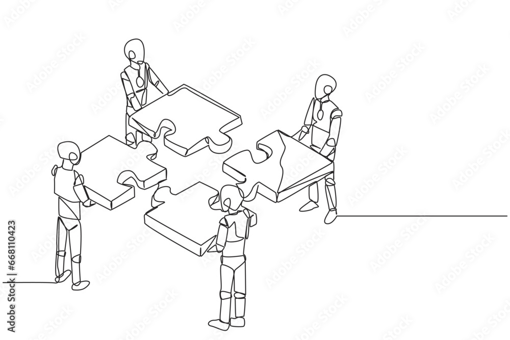 Poster single one line drawing four robotics artificial intelligence standing with each holding a puzzle pi