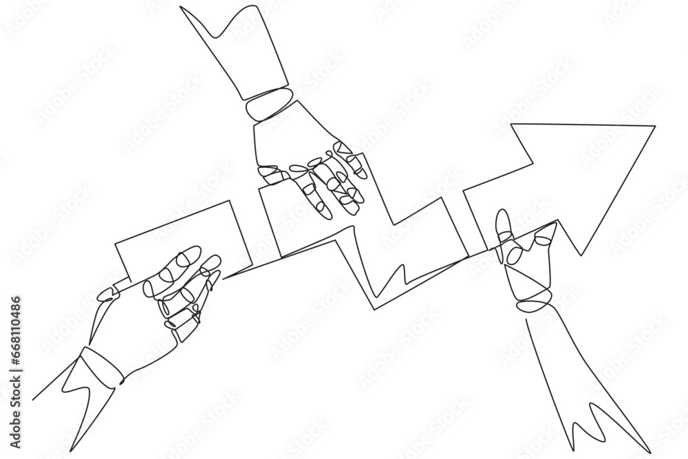 Aufkleber single one line drawing three robotic hands each holding a directional arrowhead. do teamwork so tha