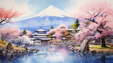 Watercolor japan concept art painting style, asian landscape in water color 