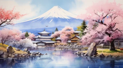 Papier Peint photo autocollant Rose clair Watercolor japan concept art painting style, asian landscape in water color 