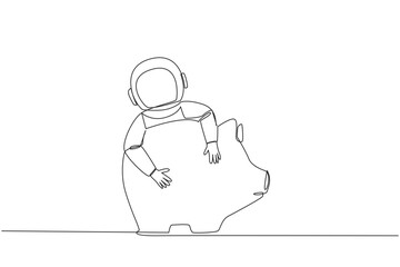 Single continuous line drawing young energetic astronaut hugging piggy bank. Saving money for the next expedition trip which is predicted to be longer. Cosmonaut. One line design vector illustration