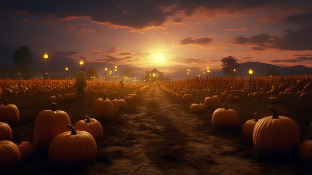 Digital halloween background with evil cute pumpkins picture Ai generated art