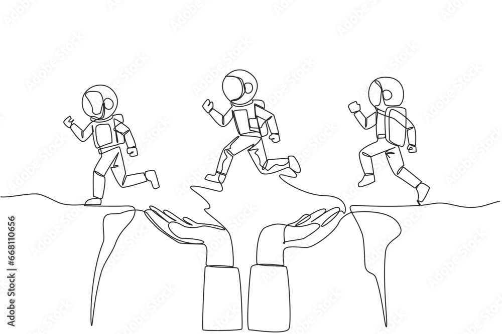 Poster continuous one line drawing 3 astronauts running through a cliff that has hole in the middle but is 