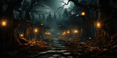 Sinister forest path with halloween decorations