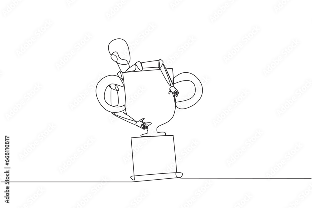Poster single one line drawing robotic hugging trophy. the winner of soft engineering is an intelligent rob