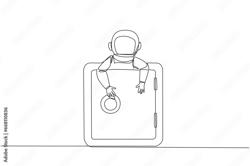 Poster continuous one line drawing young energetic astronaut hugging safe deposit box. the expedition datab