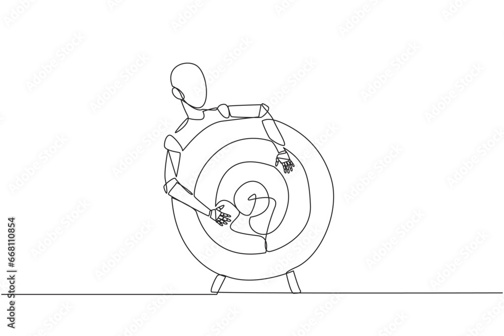 Poster single one line drawing robot hugging arrow board target. sharpen the robot's artificial intelligenc
