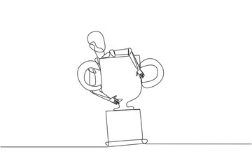 Single one line drawing robotic hugging trophy. The winner of soft engineering is an intelligent robot. Technology artificial intelligence. Future tech. Continuous line design graphic illustration