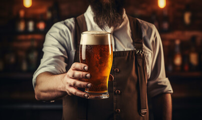 Male waiter holding a glass of freshly poured beer in a bar or pub.