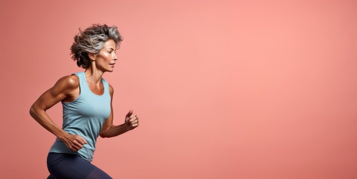 Woman in her 50's practicing running. Minimalist color background