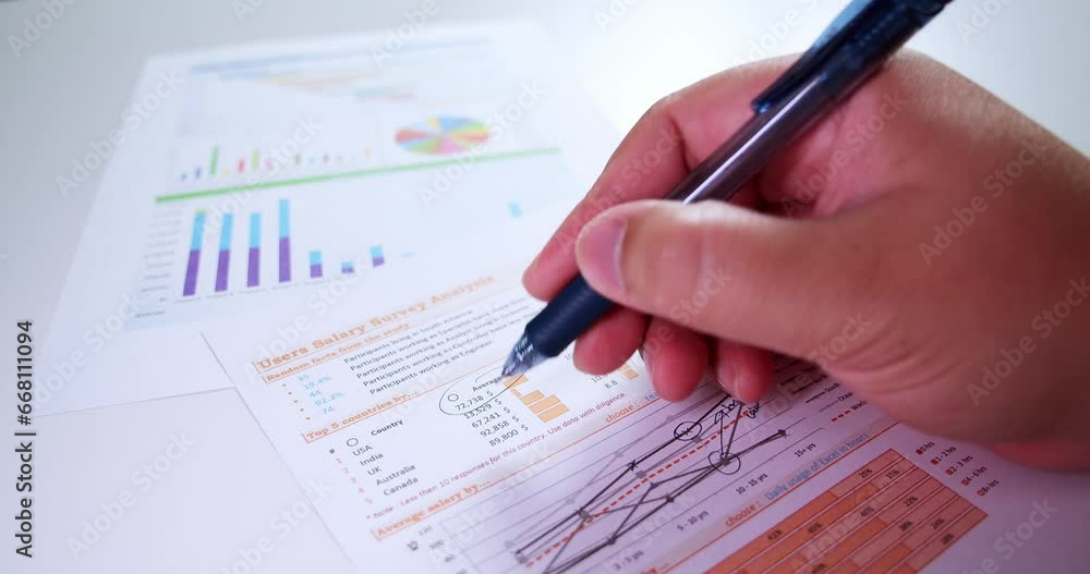 Poster close-up of businessman's hands with pen working at office desk and analyzing dashboard graphs and c