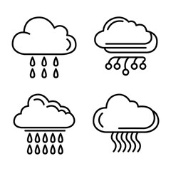 Set of weather icons, a cloud with a sign of heavy rain, snow, downpour, water drops. Vector illustration