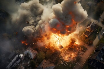 Top view of explosions, destroyed houses