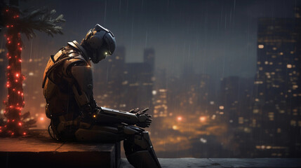 Fototapeta premium Lonely sad robot at christmas contemplating existence