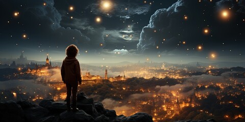 A brave girl standing on top of a hill and watching the shooting stars