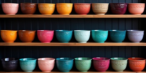 A row of colorful pottery on a shelf, accompanied by a line of vibrant bowls, all featuring...