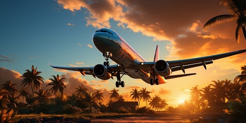 Airplane flying above palm trees in clear sunset sky with sun rays. Concept of traveling, vacation and travel by air transport - obrazy, fototapety, plakaty