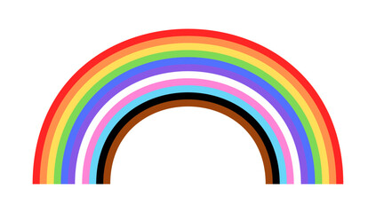 Inclusive Pride Flag Rainbow. LGBTQ+ Rainbow Shape Pride Flag Stripes Including Transgender and People of Color. Isolated Vector.
