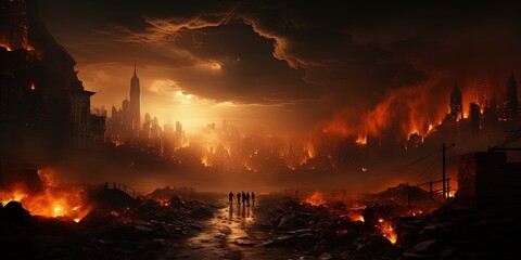 Apocalyptic scene, smoke, burning city, apocalypse in the city