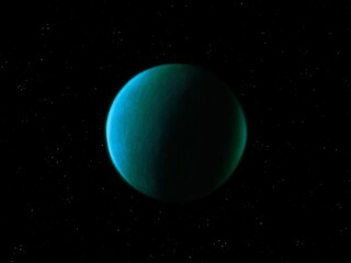Realistic planet covered with clouds in turquoise color. Exoplanet isolated on a black background. Extrasolar planet with a solid surface.